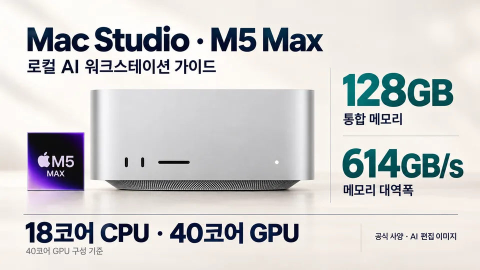 공식 제품 사진을 참조한 M5 Max Mac Studio 128GB·614GB/s 사양 편집 인포그래픽