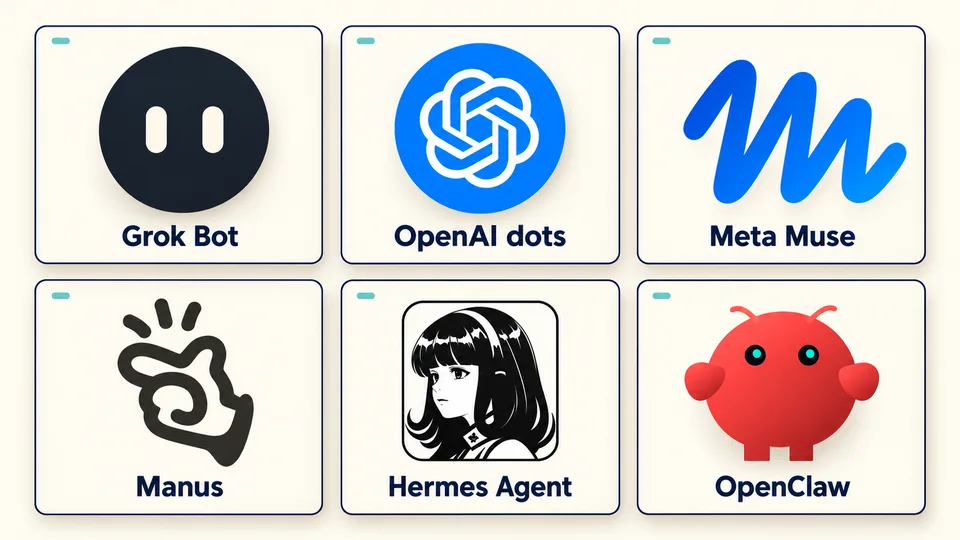 Grok Bot·OpenAI dots·Meta Muse·Manus·Hermes Agent·OpenClaw의 상징을 모은 편집 이미지