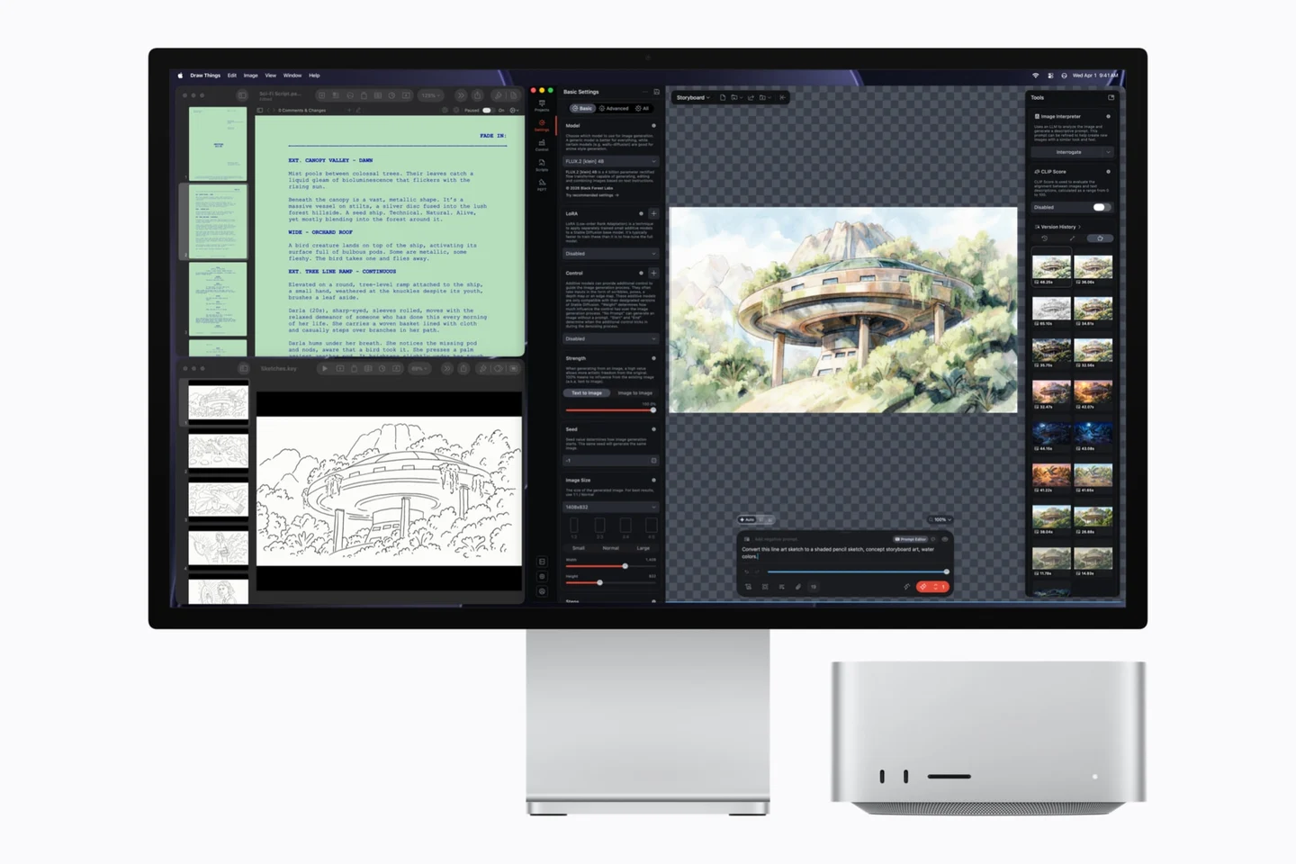 Apple 공식 Mac Studio 소개 이미지로 모니터에 대본·스케치와 Draw Things 이미지 생성 화면을 함께 배치한 제작 환경