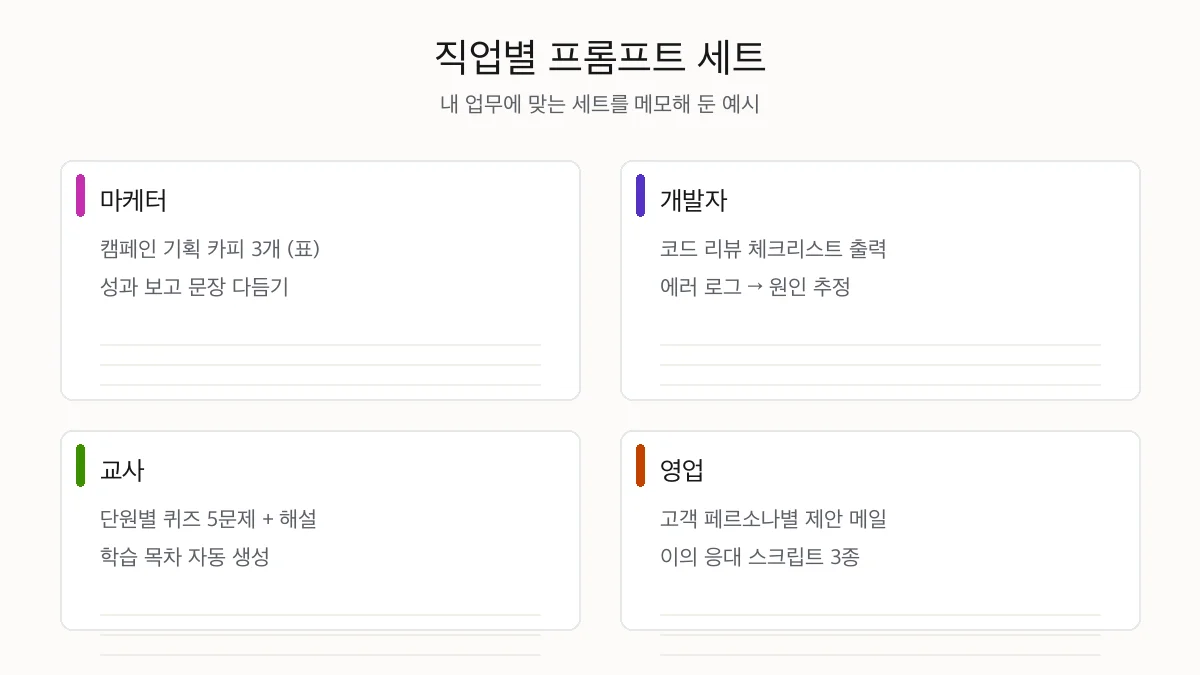 직업별 필수 프롬프트 세트 — 마케터·개발자·교사·학생·소상공인