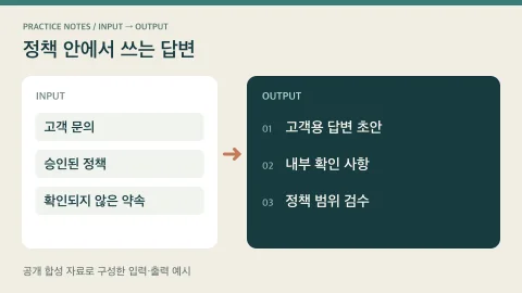 정책 안에서 쓰는 답변의 입력과 결과 구조를 비교하는 편집 예시