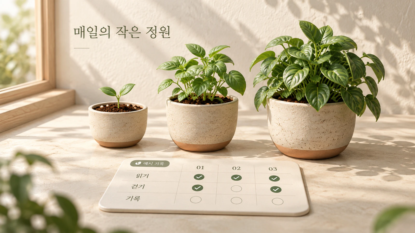 자연광 아래 성장 단계가 다른 식물 세 개와 예시 완료 기록을 배치한 습관 관리 콘셉트 이미지