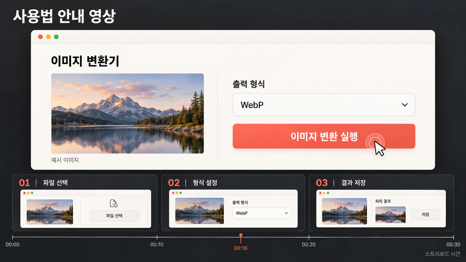 이미지 변환기의 파일 선택·형식 설정·결과 저장을 3단계로 구성한 사용법 영상 스토리보드 시안