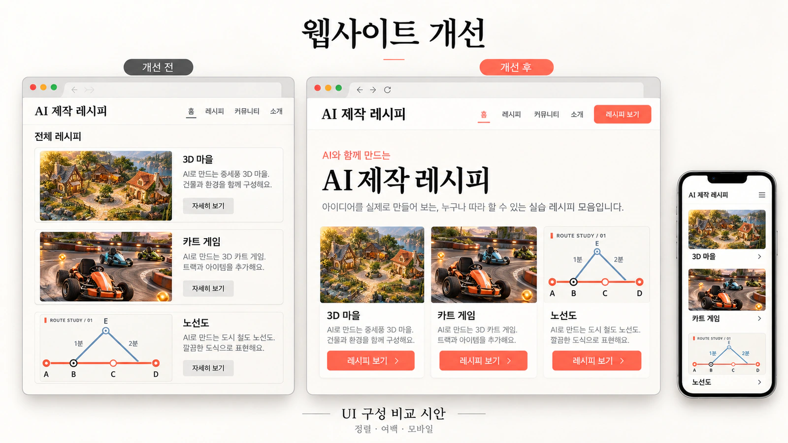 같은 레시피 카드의 개선 전·후 배치와 모바일 화면을 비교한 웹사이트 구성 시안