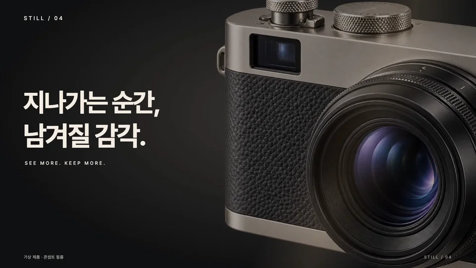 지나가는 순간 — 렌즈를 크게 잘라 보여주며 왼쪽 두 줄 메시지로 시작합니다.