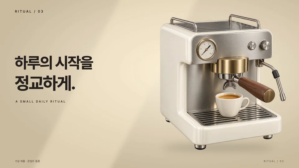 일상에 놓인 제품 — 아이보리 배경과 기계 전체를 보여줍니다. 문구와 제품의 공간을 나눕니다.