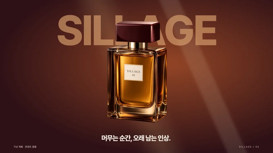 잔향을 남기는 엔딩 — 병이 중앙으로 이동하고 큰 워드마크와 하단 카피가 버건디 배경에 남습니다.